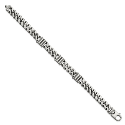 Sterling Silver Mens Antiqued Brushed Curb/Bar Bracelet