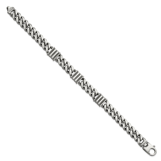 Sterling Silver Mens Antiqued Brushed Curb/Bar Bracelet