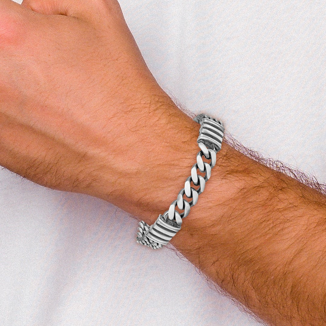 Sterling Silver Mens Antiqued Brush Double Curb Bracelet