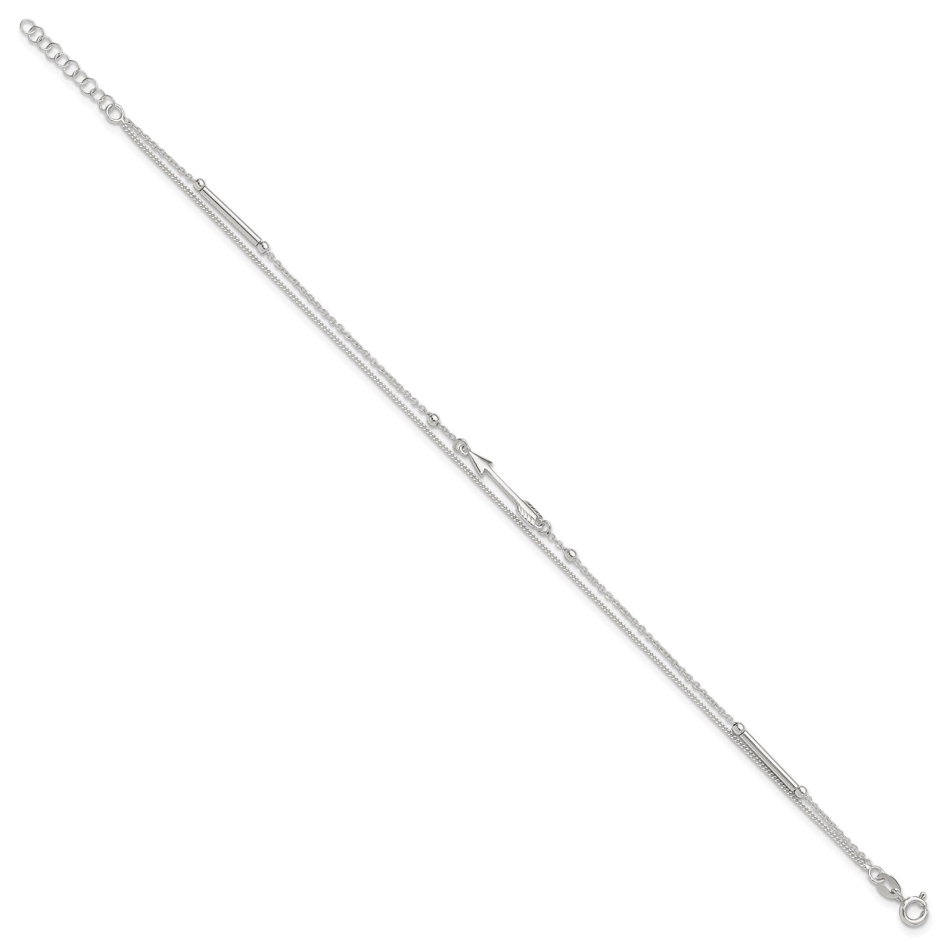 Sterling Silver 2-strand Arrow 9 inch Plus 1 inch Extender - Total 10 inch Anklet