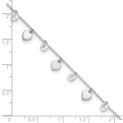 Sterling Silver Rhodium-plated Hearts and CZ 8.75 inch Plus 1 inch Extender - Total 9.75 inch Anklet