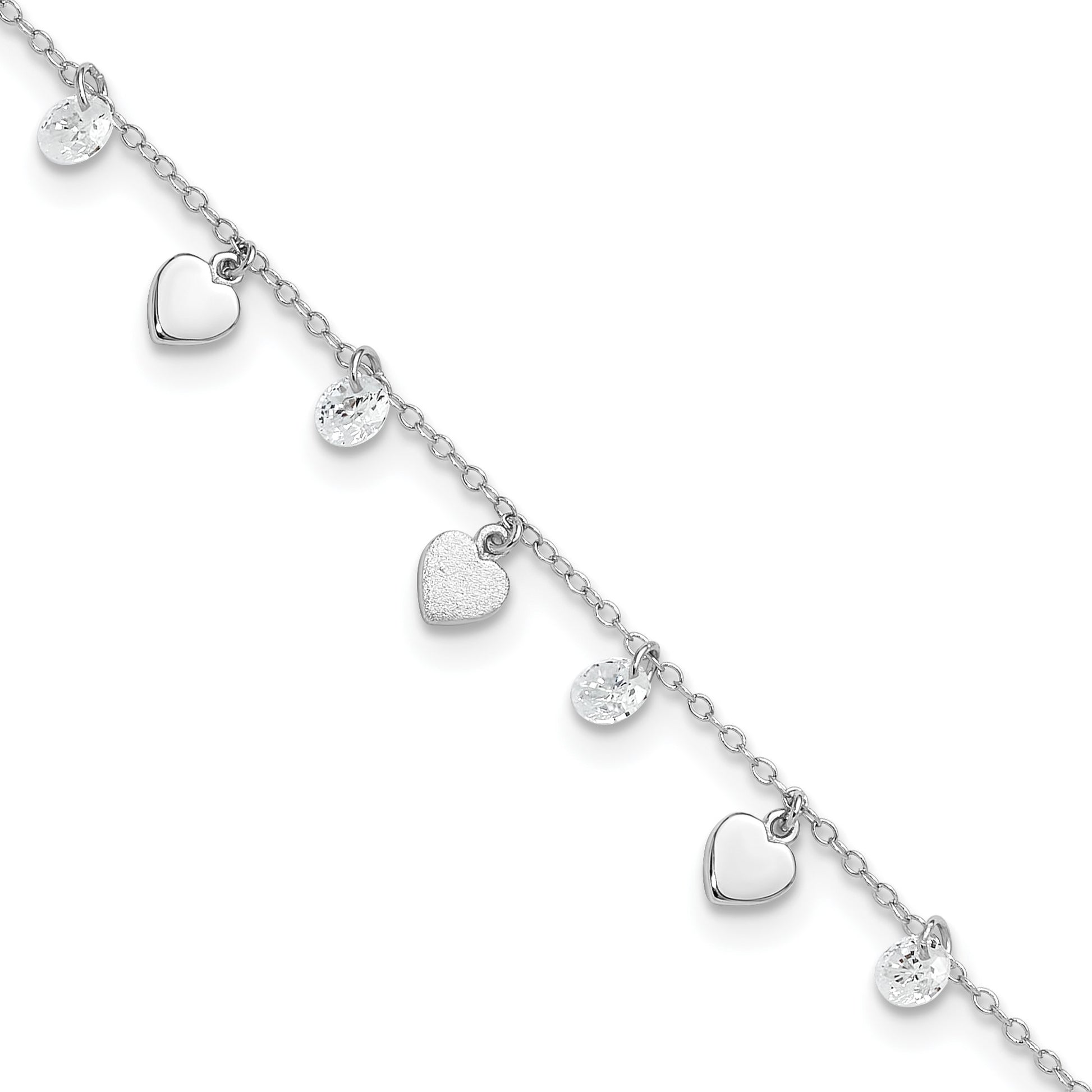 Sterling Silver Rhodium-plated Hearts and CZ 8.75 inch Plus 1 inch Extender - Total 9.75 inch Anklet