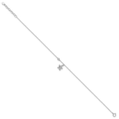Sterling Silver Rhodium-plated CZ Turtle Charm 9 inch Plus 1 inch Extender - Total 10 inch Anklet