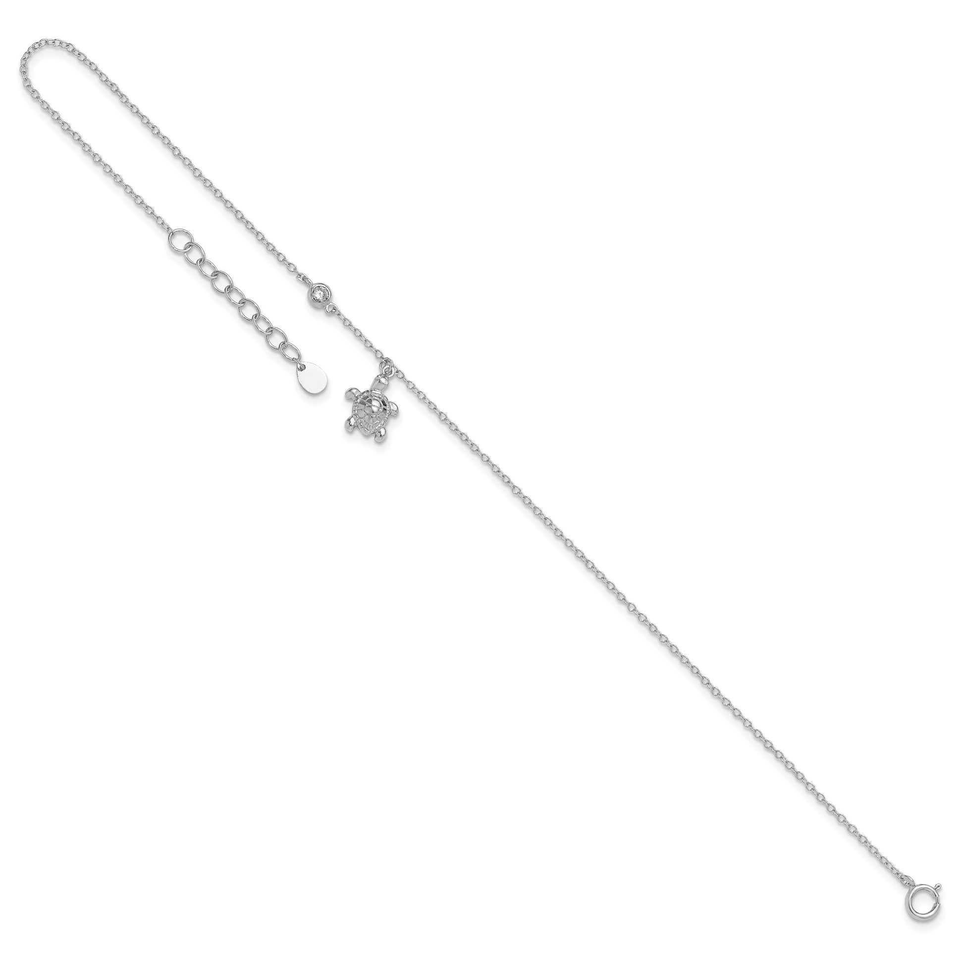 Sterling Silver Rhodium-plated CZ Turtle Charm 9 inch Plus 1 inch Extender - Total 10 inch Anklet