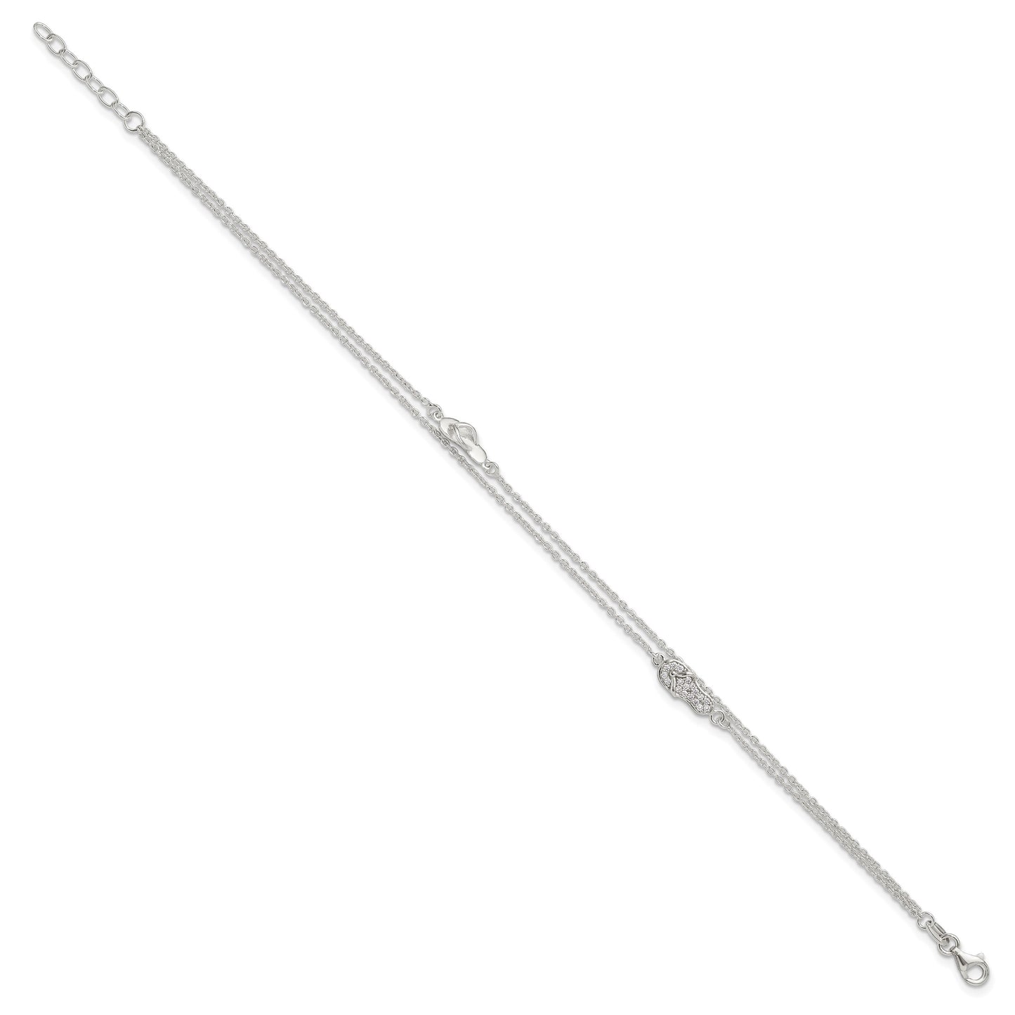 Sterling Silver 2-Strand CZ Flip Flop 9 inch Plus 1 inch Extender - Total 11 inch Anklet