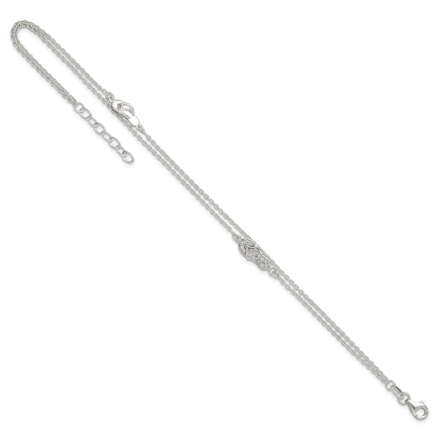 Sterling Silver 2-Strand CZ Flip Flop 9 inch Plus 1 inch Extender - Total 11 inch Anklet