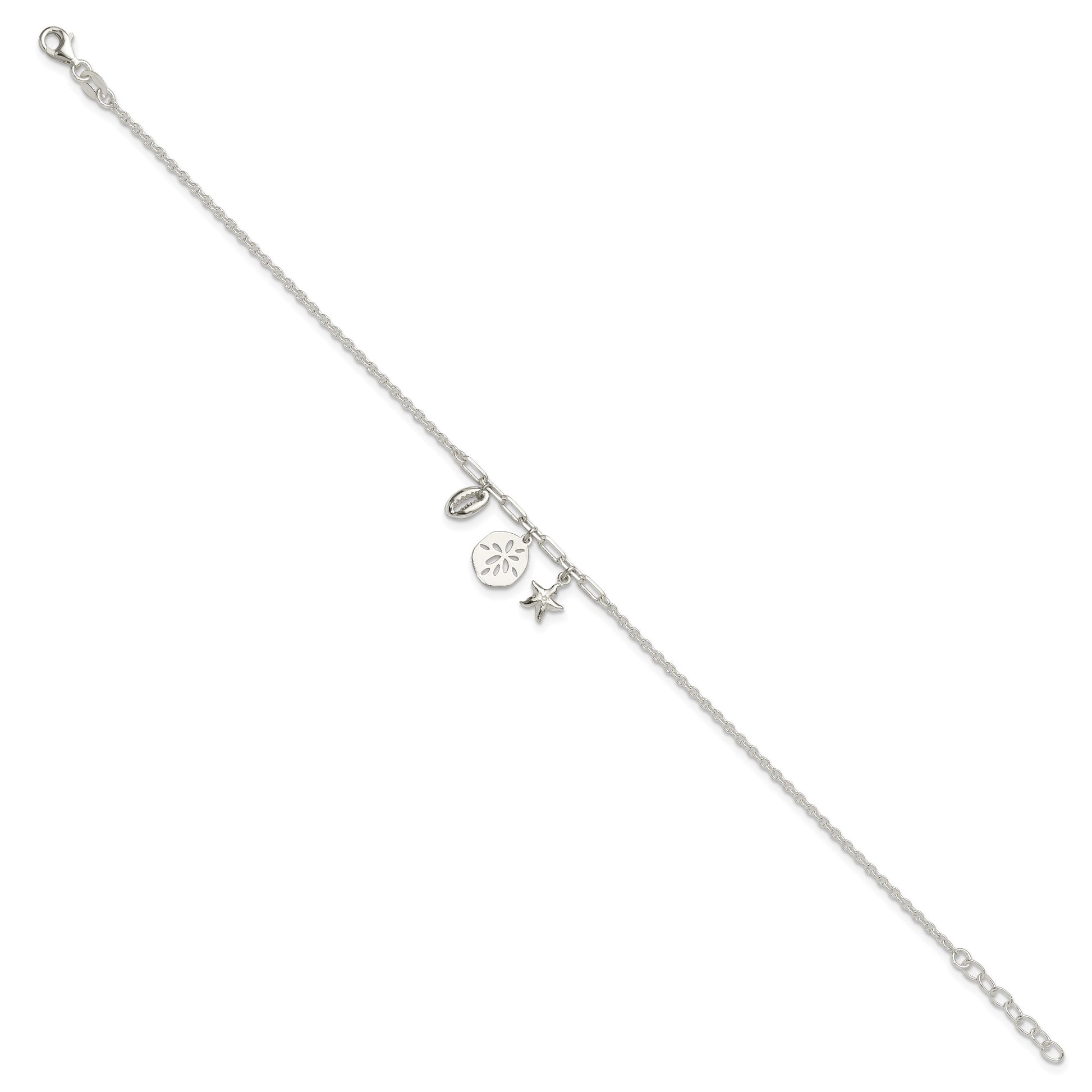 Sterling Silver Shell/SandDollar/Starfish 9 inch Plus 1 inch Extender - Total 10 inch Anklet