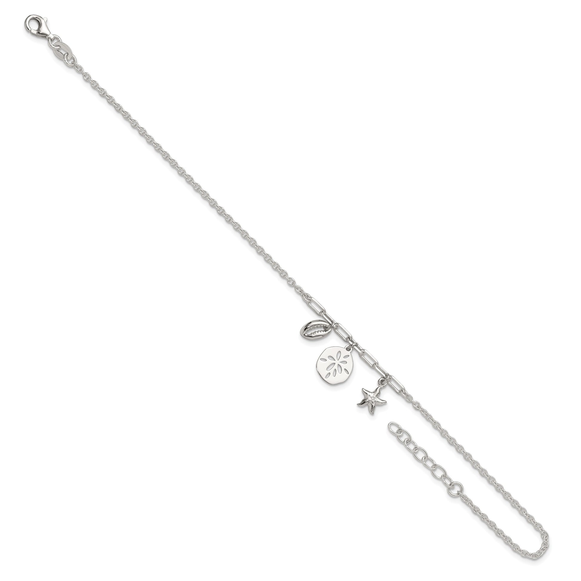 Sterling Silver Shell/SandDollar/Starfish 9 inch Plus 1 inch Extender - Total 10 inch Anklet