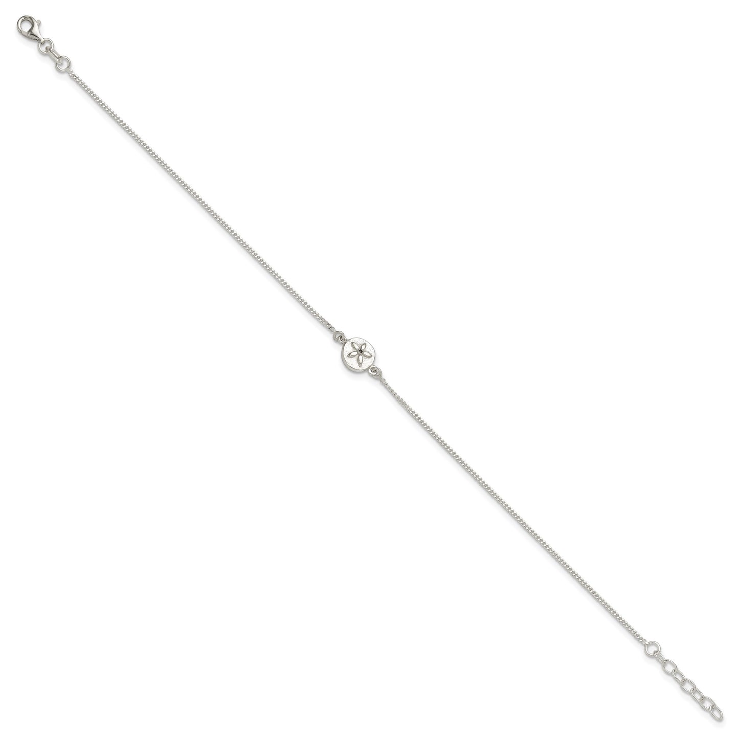 Sterling Silver CZ Sand Dollar 9 inch Plus 1 inch Extender - Total 10 inch Anklet