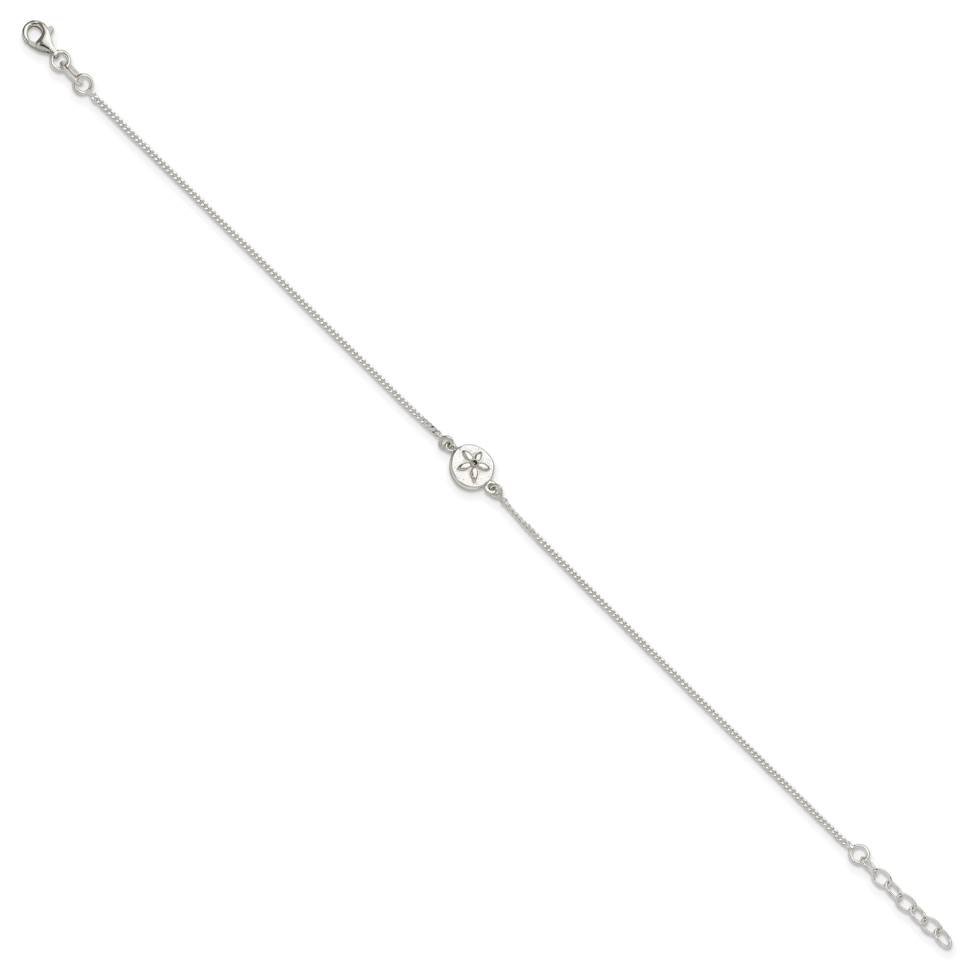 Sterling Silver CZ Sand Dollar 9 inch Plus 1 inch Extender - Total 10 inch Anklet
