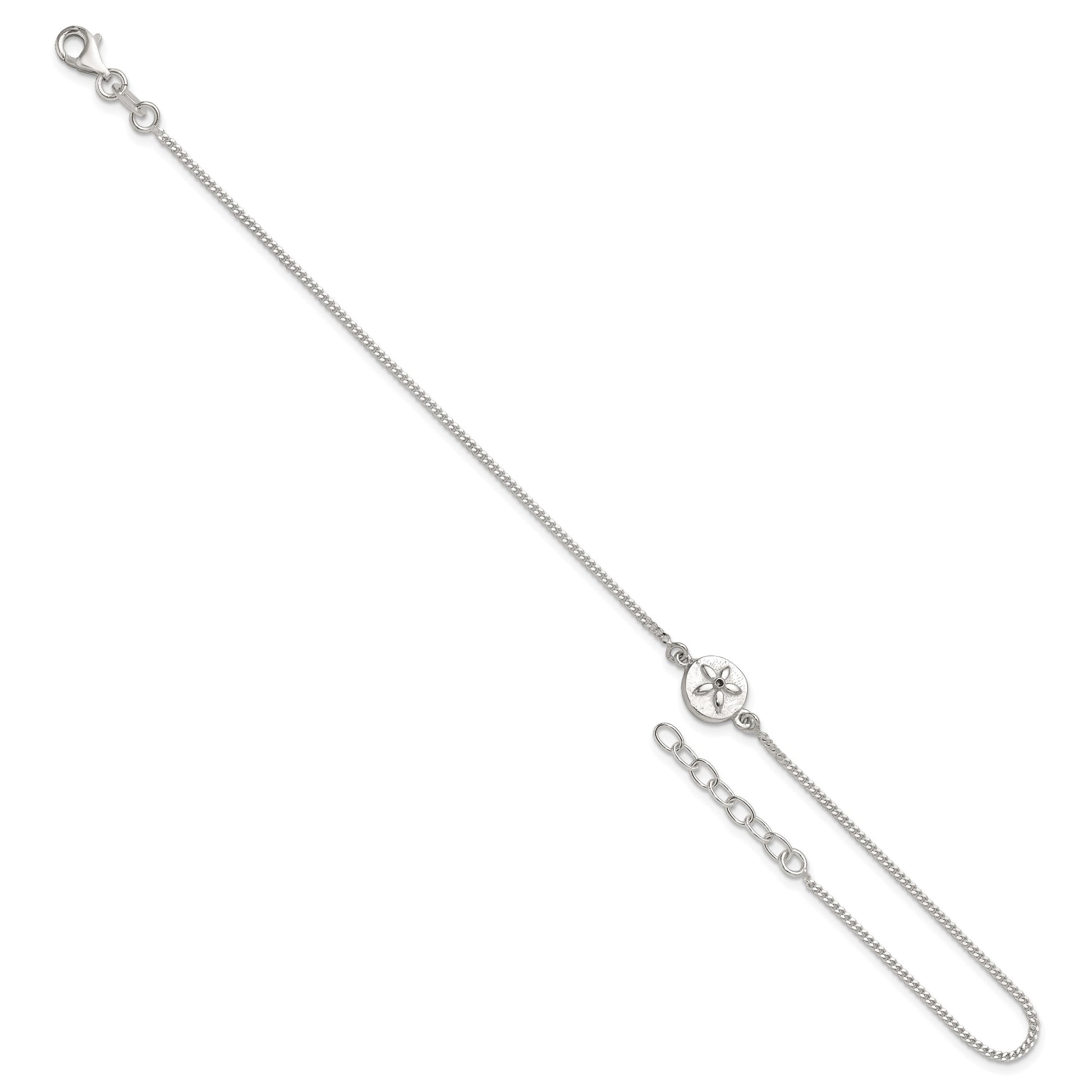 Sterling Silver CZ Sand Dollar 9 inch Plus 1 inch Extender - Total 10 inch Anklet