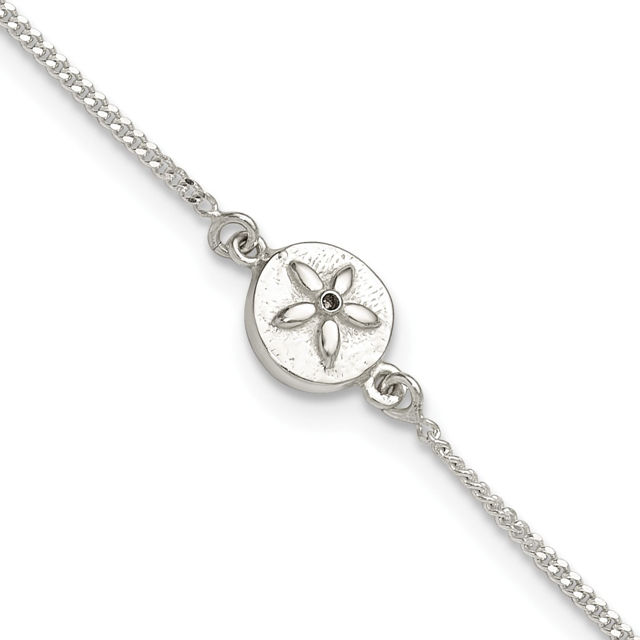 Sterling Silver CZ Sand Dollar 9 inch Plus 1 inch Extender - Total 10 inch Anklet