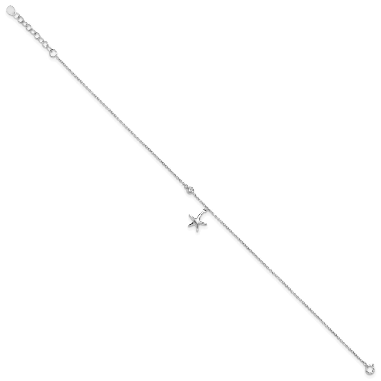 Sterling Silver Rhodium-plated CZ Starfish 9 inch Plus 1 inch Extender  - Total 10 inch Anklet