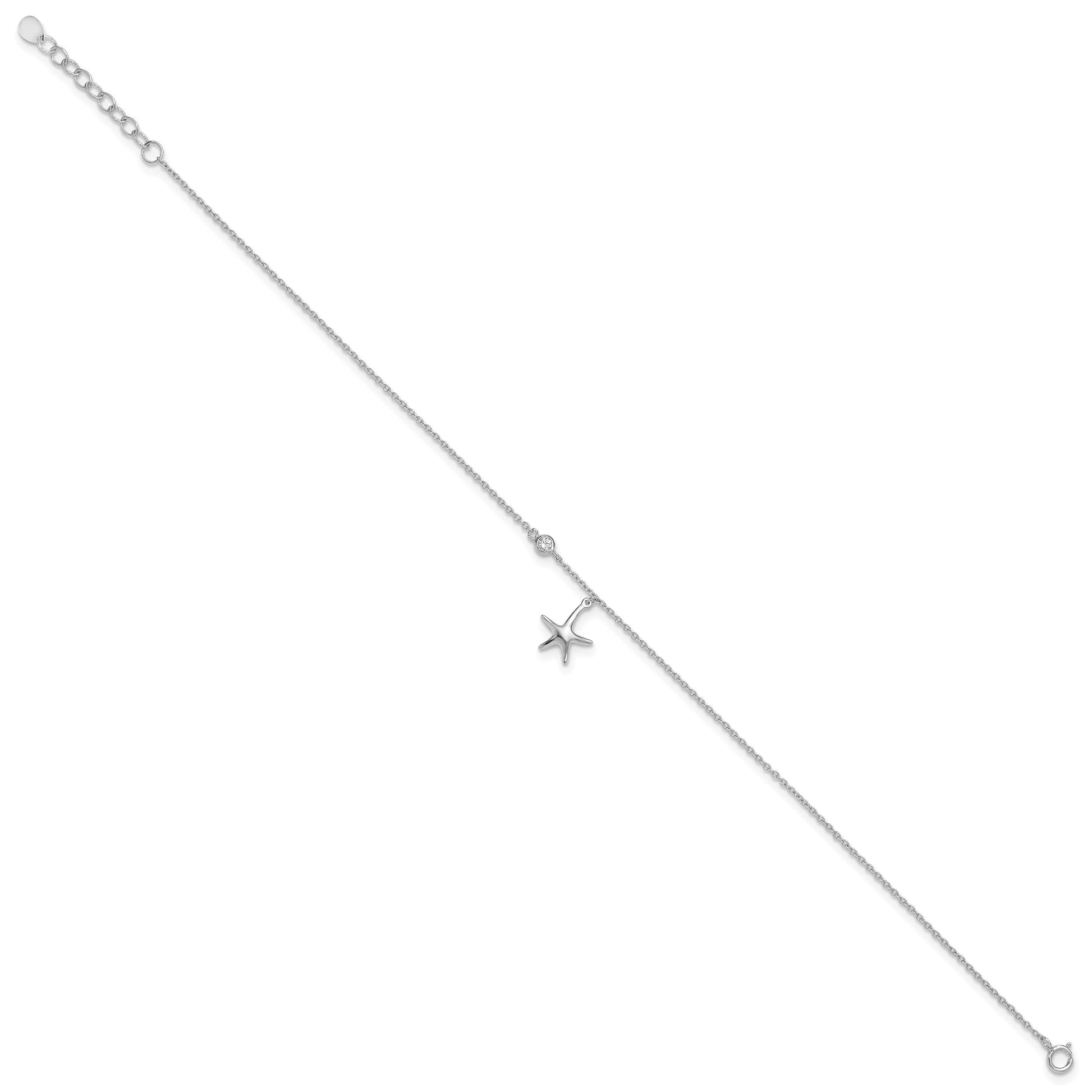Sterling Silver Rhodium-plated CZ Starfish 9 inch Plus 1 inch Extender  - Total 10 inch Anklet
