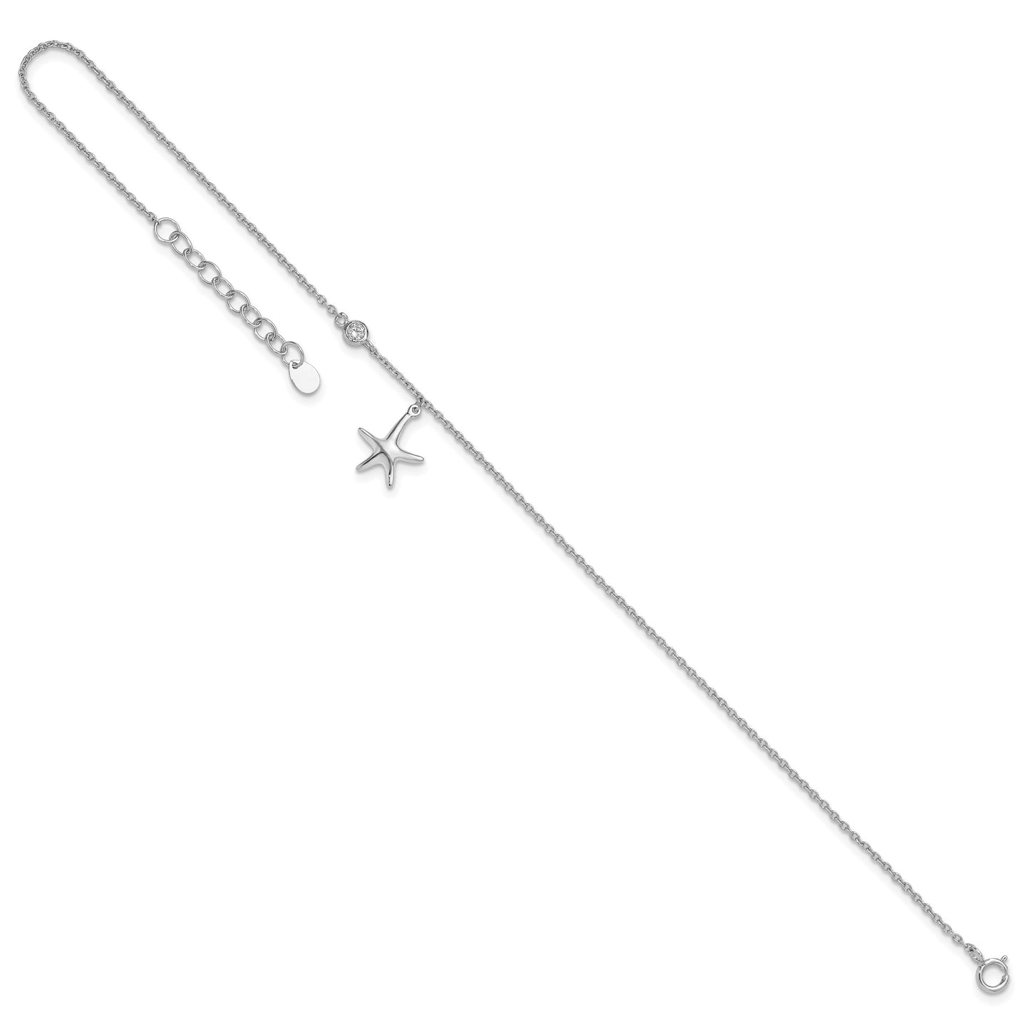 Sterling Silver Rhodium-plated CZ Starfish 9 inch Plus 1 inch Extender  - Total 10 inch Anklet