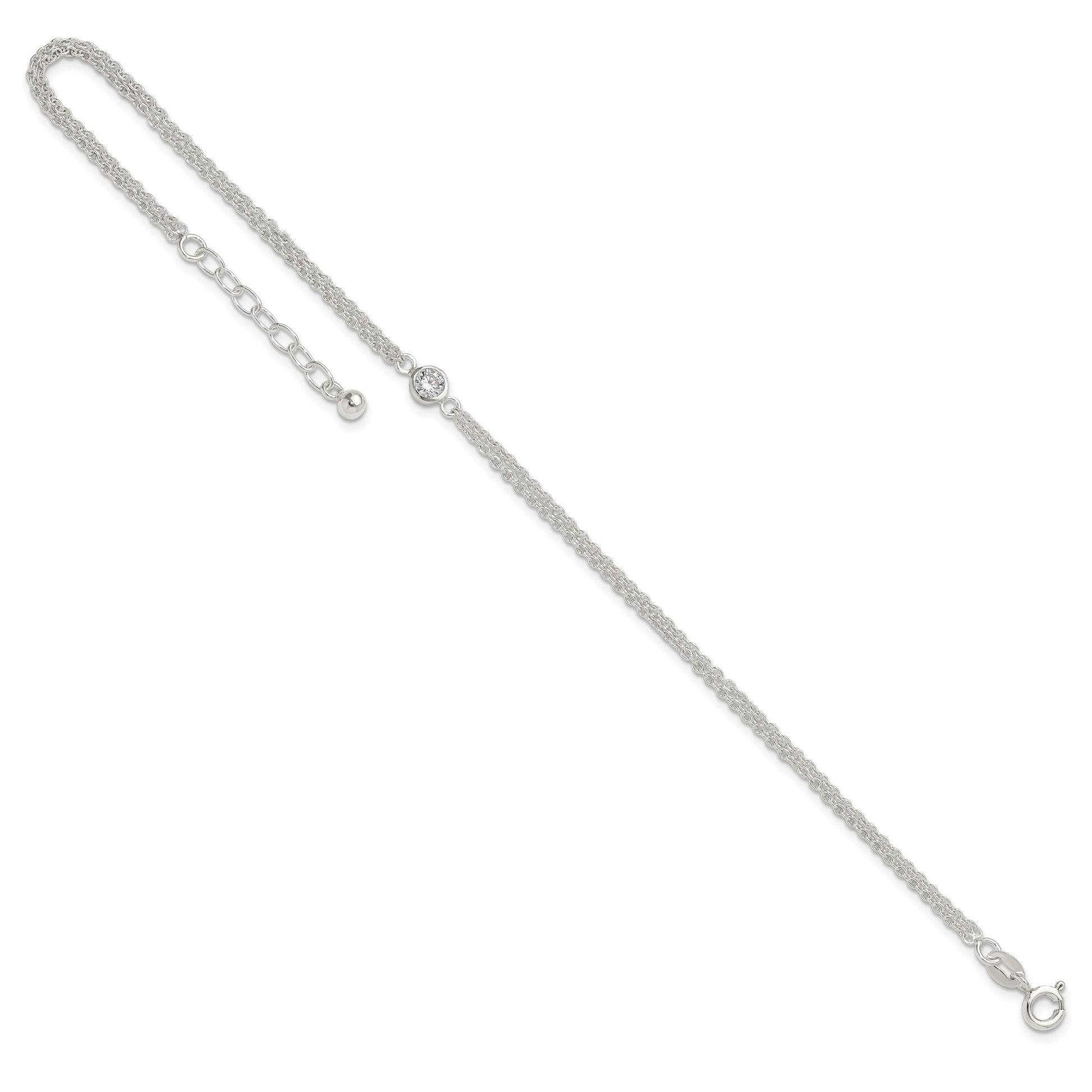 Sterling Silver Bezel CZ 2-Strand 9 inch Plus 1 inch Extender - Total 10 inch Anklet