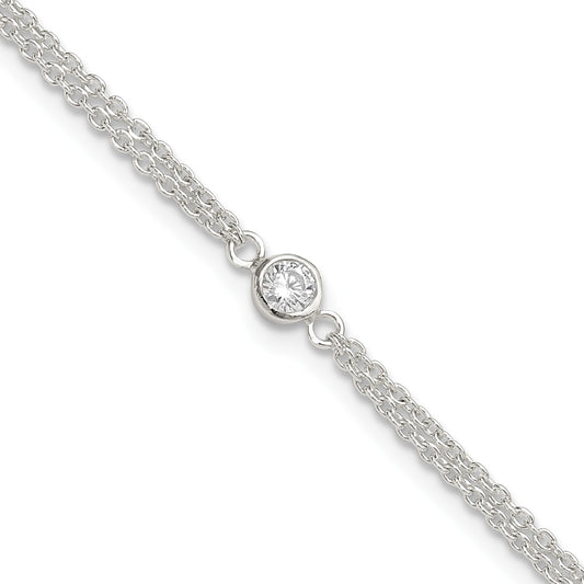 Sterling Silver Bezel CZ 2-Strand 9 inch Plus 1 inch Extender - Total 10 inch Anklet