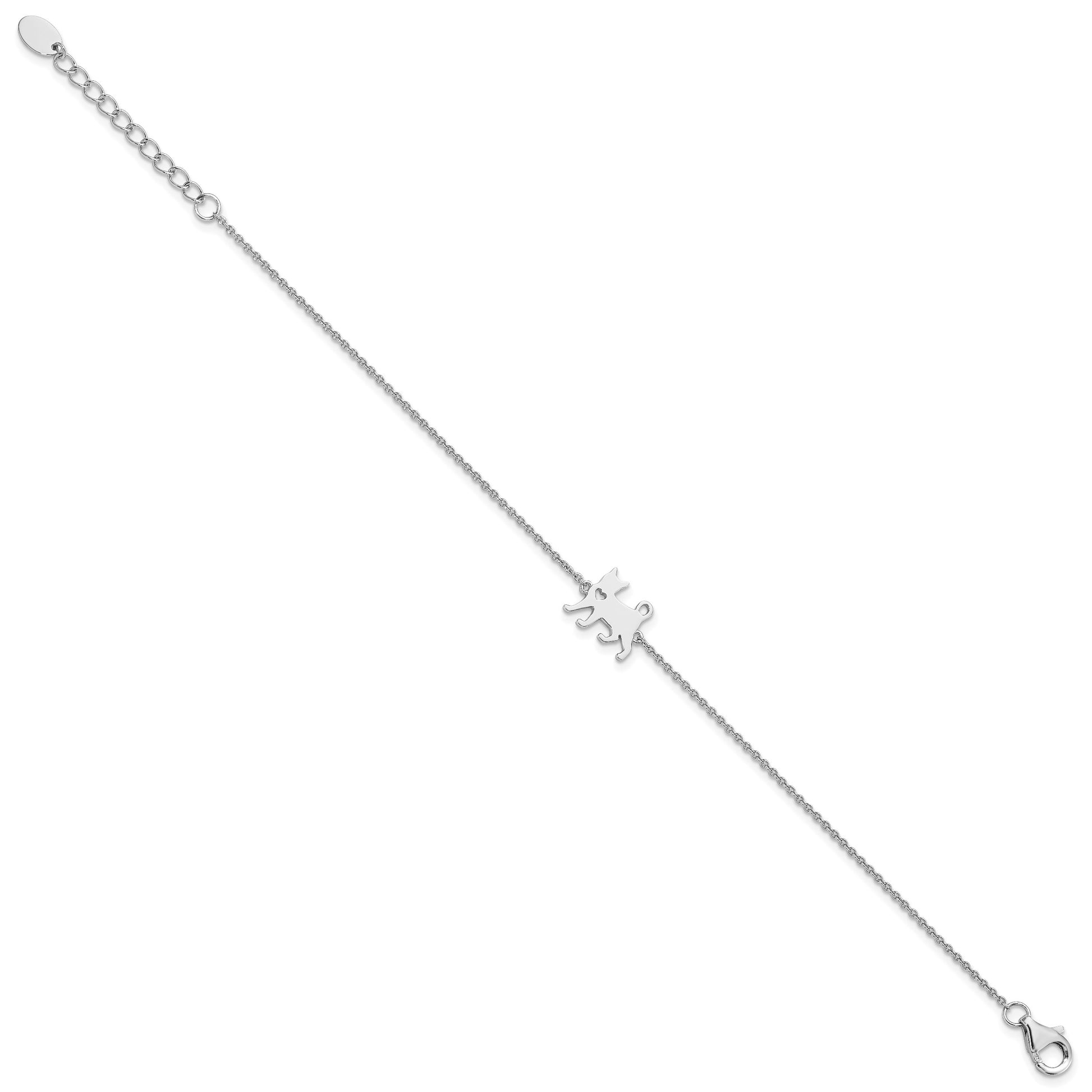 Sterling Silver Rhodium-plated Cat w/Heart 7in Plus 1in ext Bracelet