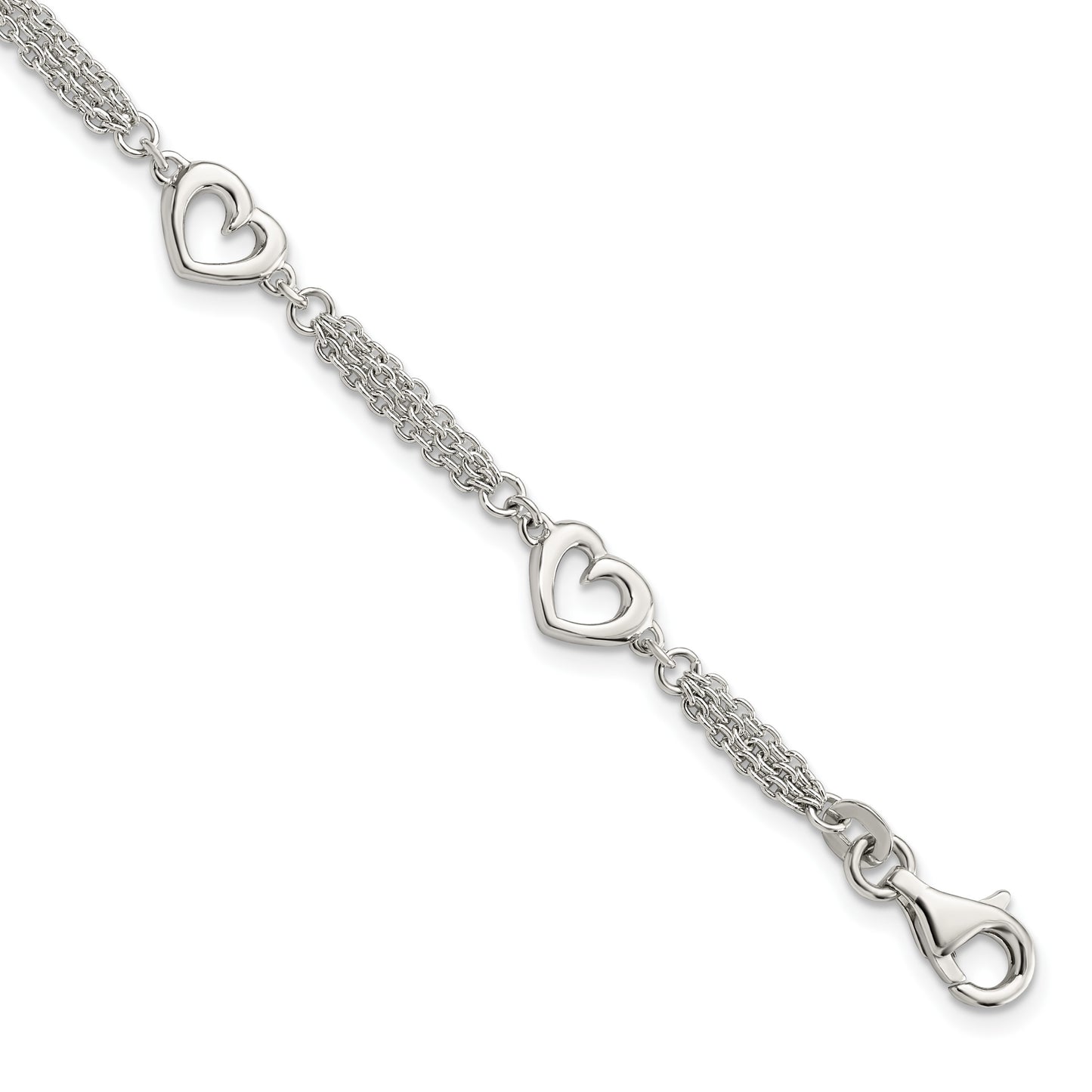 Sterling Silver Polished Hearts 7.5in w/1.0 in ext Bracelet