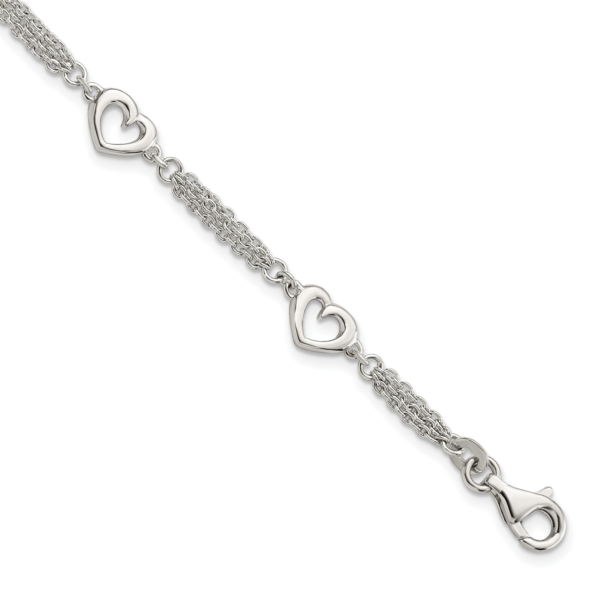 Sterling Silver Polished Hearts 7.5in w/1.0 in ext Bracelet