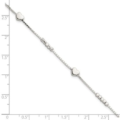 Sterling Silver Fancy Bead & Heart w/ 1in ext Bracelet