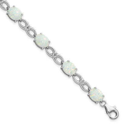 Sterling Silver Rhodium-plated Polished White Created Opal & CZ Bracelet