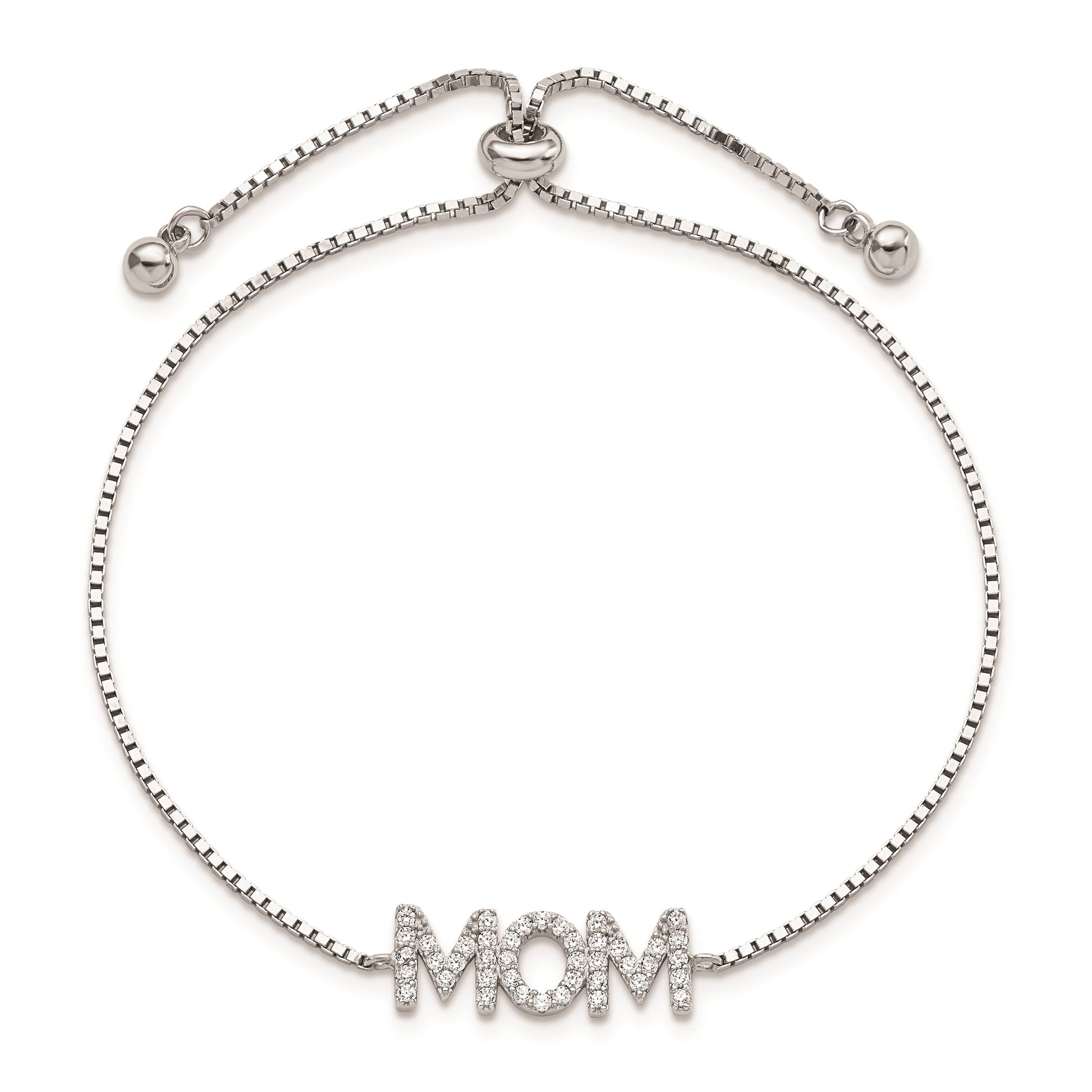 Sterling Silver Polished Rhodium-plated Pav� CZ MOM Adjustable Bracelet