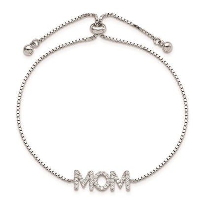 Sterling Silver Polished Rhodium-plated Pav� CZ MOM Adjustable Bracelet
