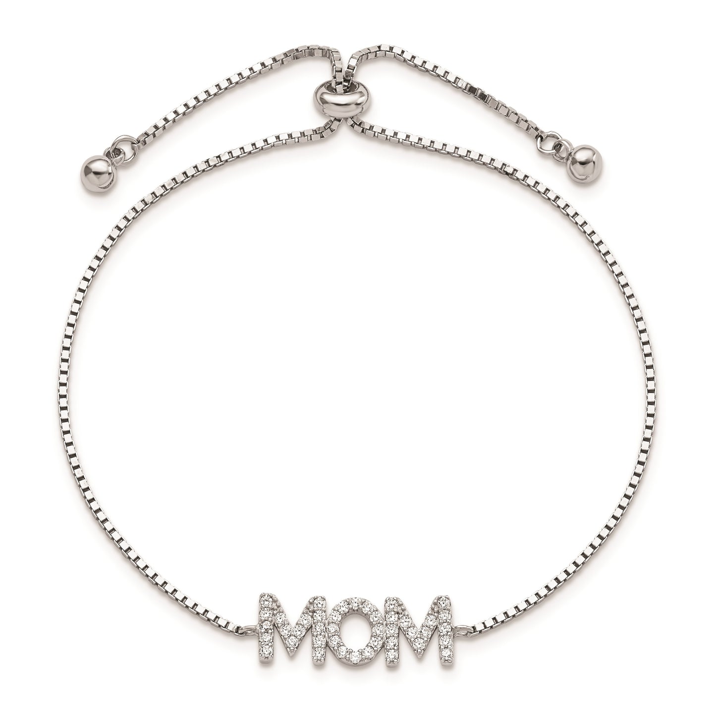 Sterling Silver Polished Rhodium-plated Pav� CZ MOM Adjustable Bracelet