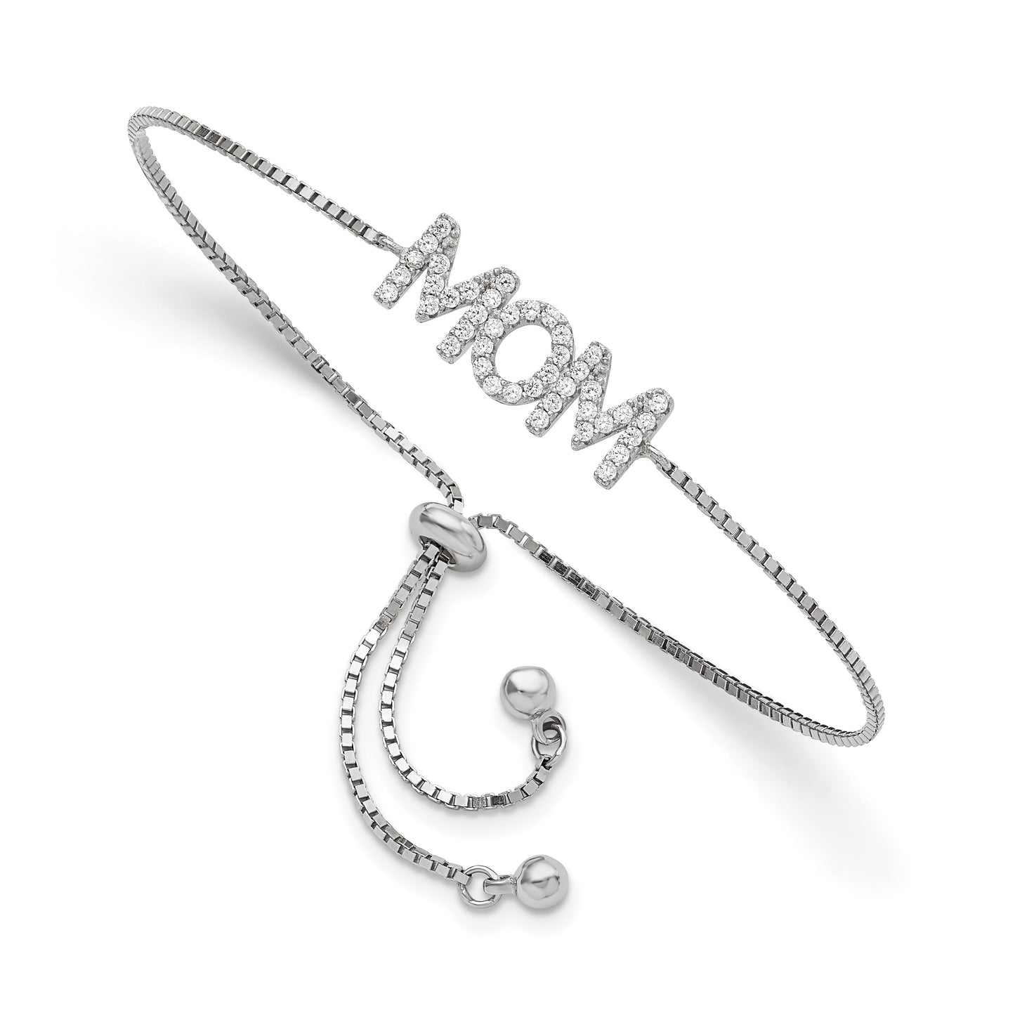 Sterling Silver Polished Rhodium-plated Pav� CZ MOM Adjustable Bracelet