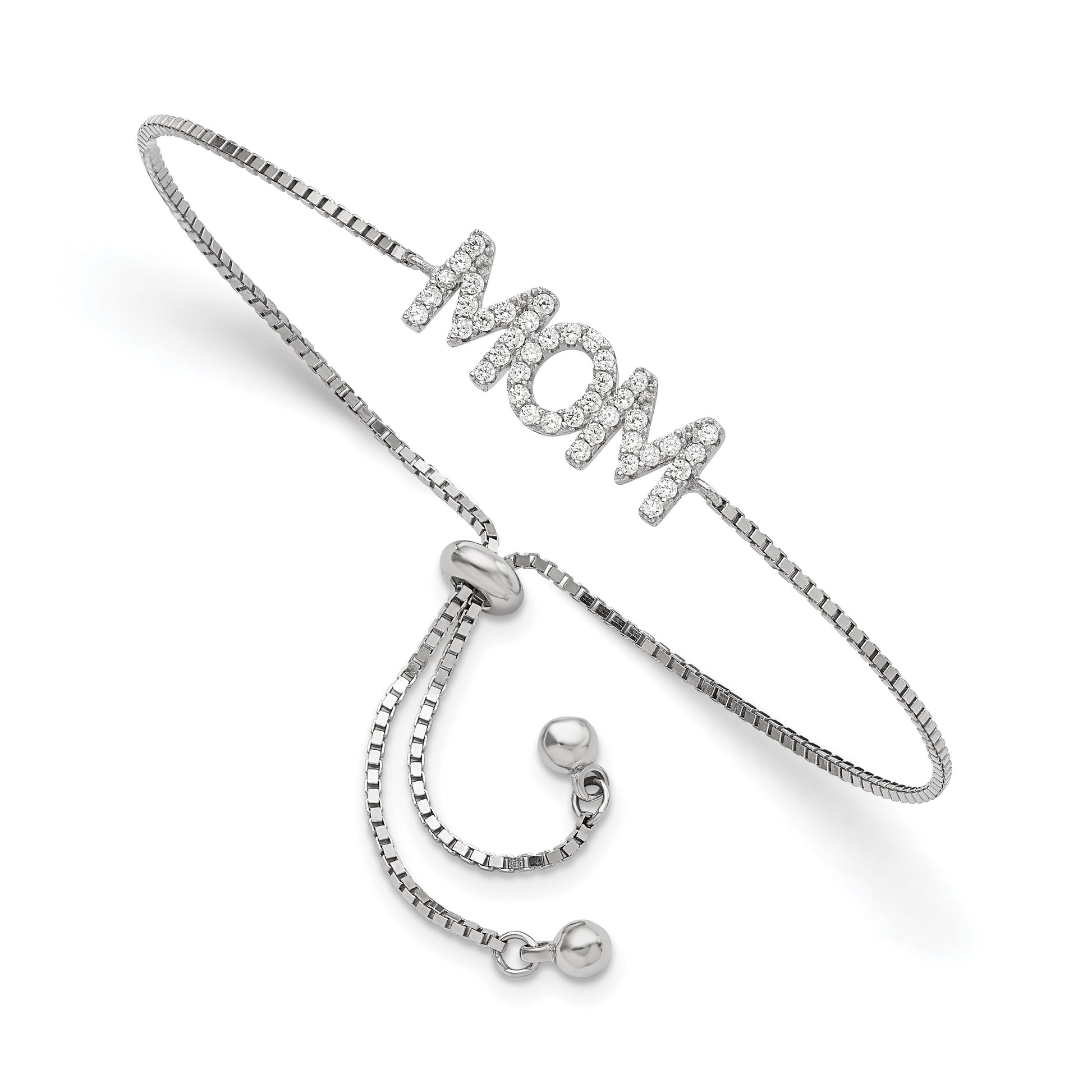 Sterling Silver Polished Rhodium-plated Pav� CZ MOM Adjustable Bracelet