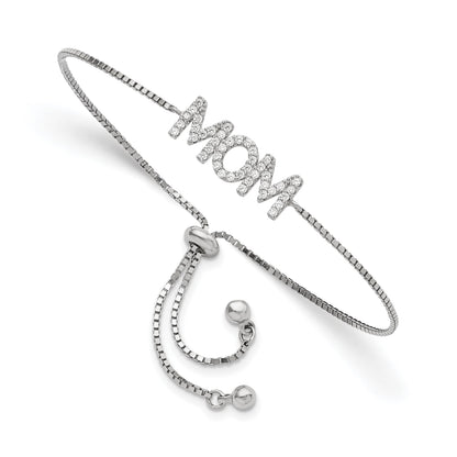 Sterling Silver Polished Rhodium-plated Pav� CZ MOM Adjustable Bracelet