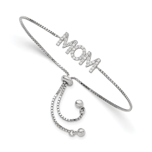 Sterling Silver Polished Rhodium-plated Pav� CZ MOM Adjustable Bracelet