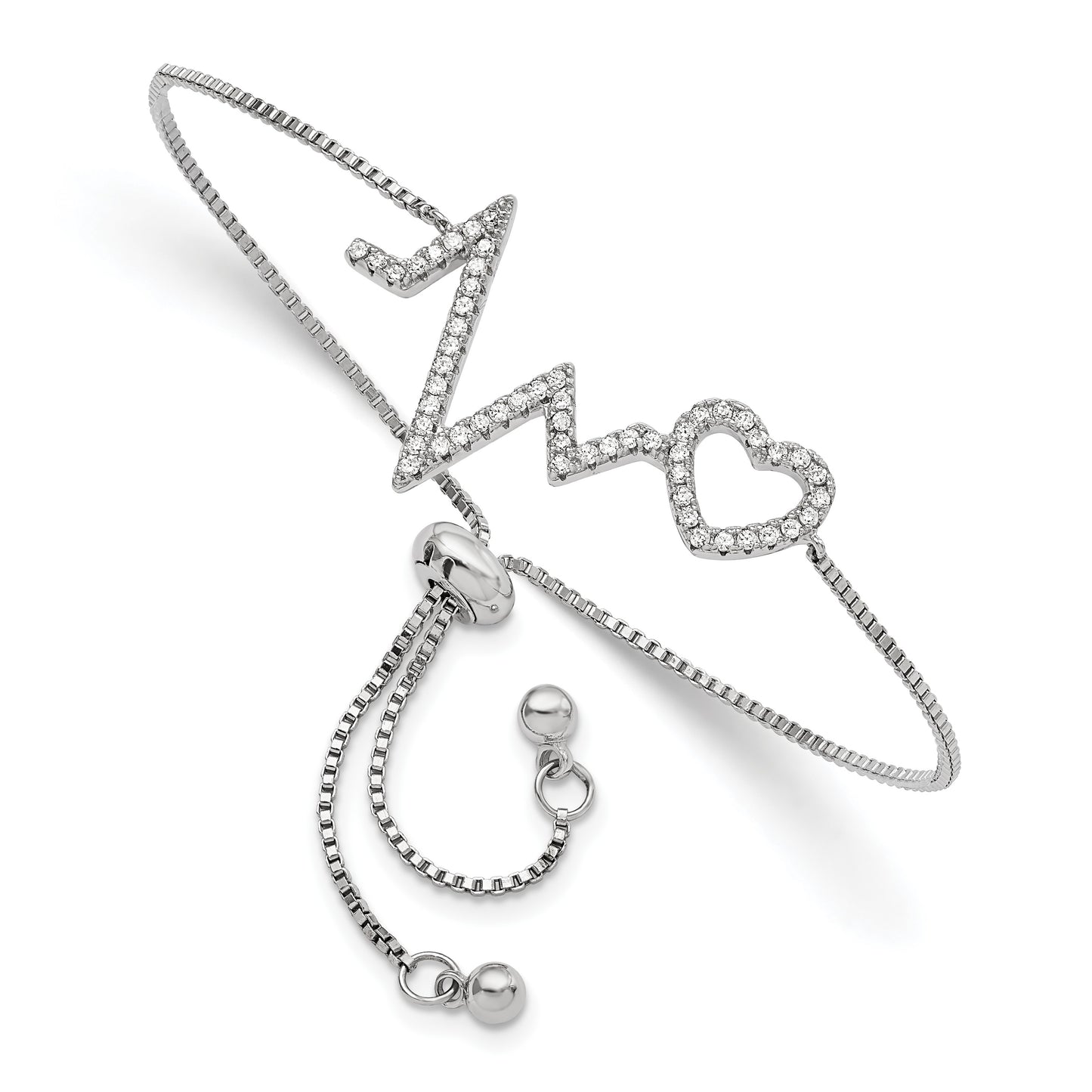 Sterling Silver Polished Rhodium Micro Pav� CZ Heartbeat Adj. Bracelet