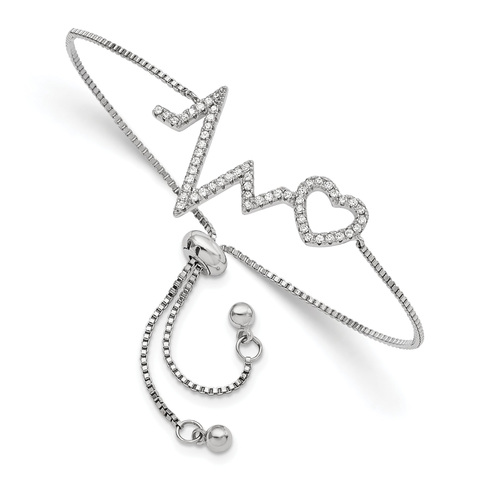 Sterling Silver Polished Rhodium Micro Pav� CZ Heartbeat Adj. Bracelet