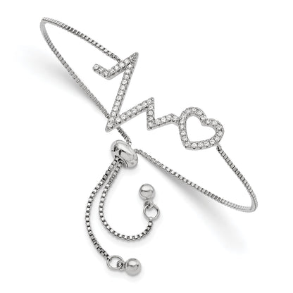 Sterling Silver Polished Rhodium Micro Pav� CZ Heartbeat Adj. Bracelet