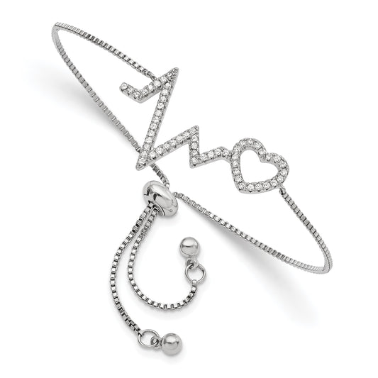 Sterling Silver Polished Rhodium Micro Pav� CZ Heartbeat Adj. Bracelet