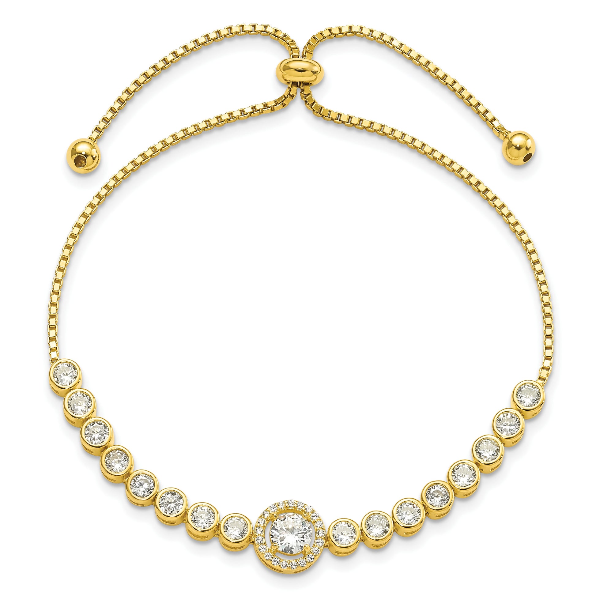 Sterling Silver Gold-plated Bezel Set CZ & CZ Halo Adjustable Bracelet