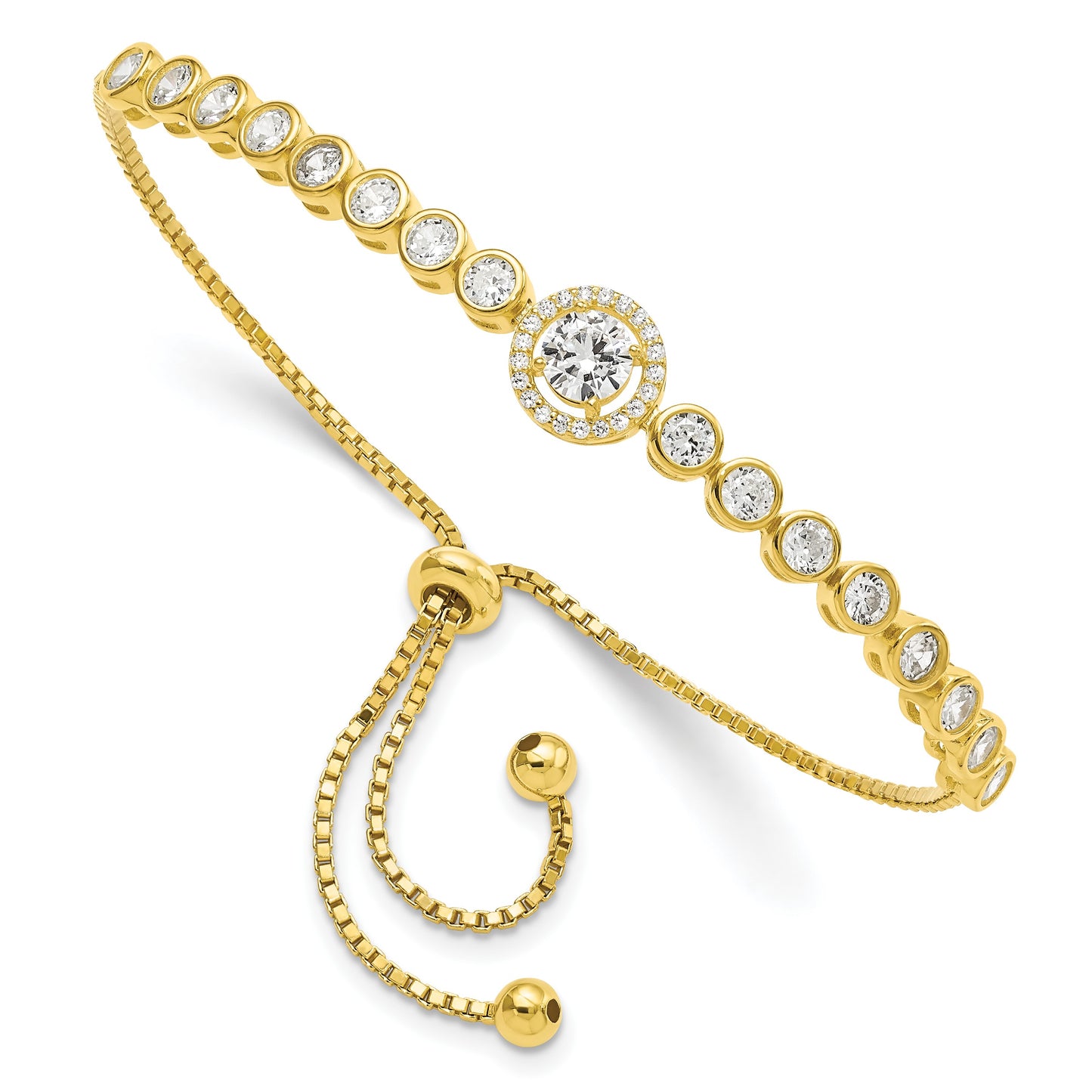 Sterling Silver Gold-plated Bezel Set CZ & CZ Halo Adjustable Bracelet