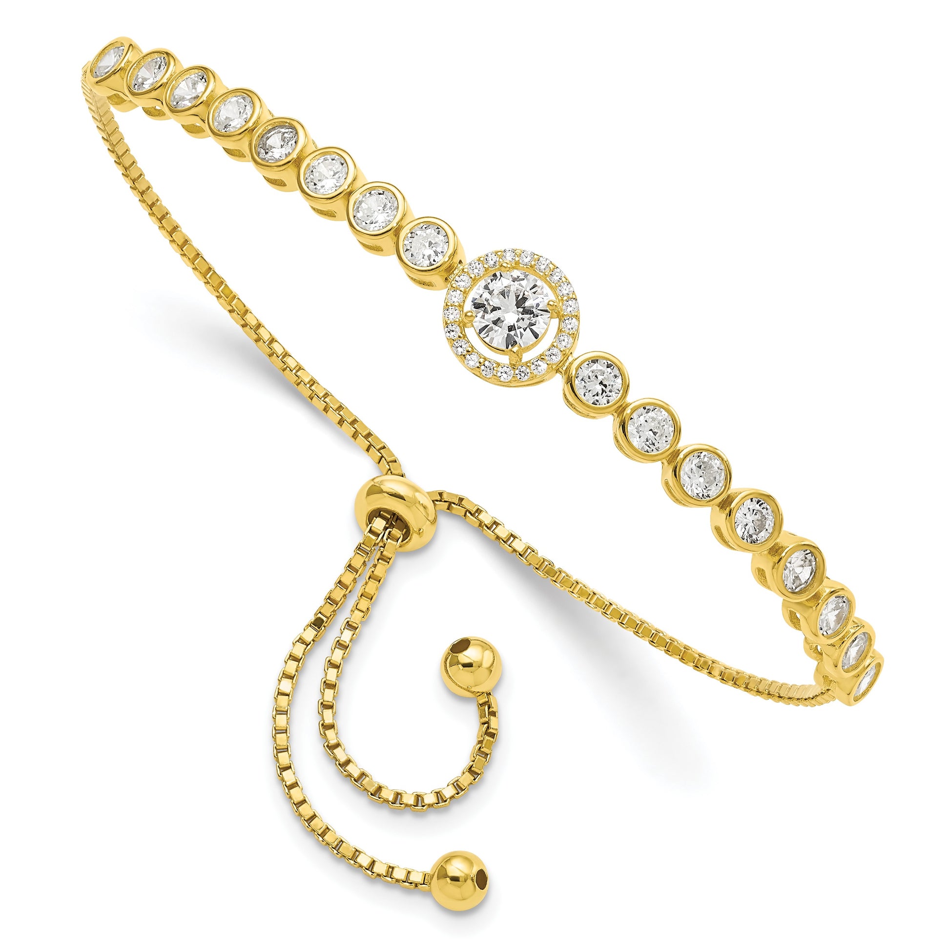 Sterling Silver Gold-plated Bezel Set CZ & CZ Halo Adjustable Bracelet