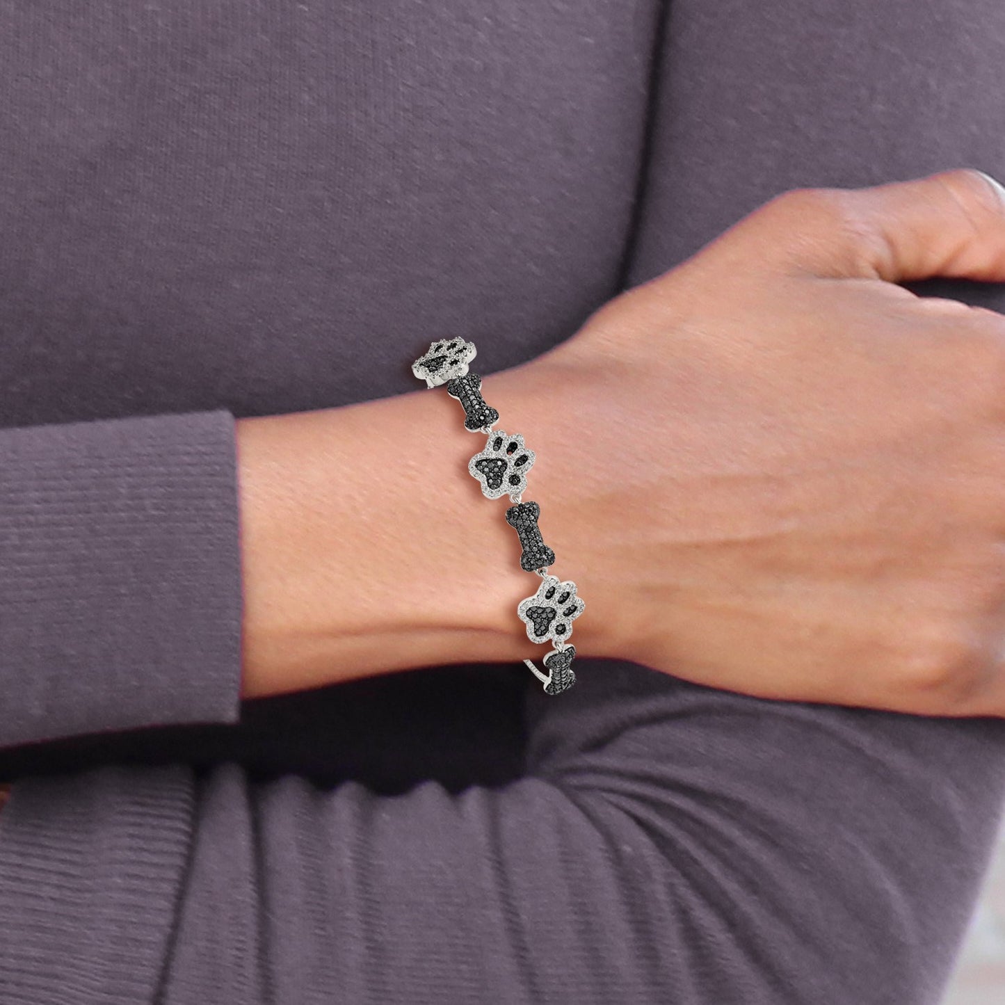Sterling Silver Rhodium-plated CZ Paw Print & Dog Bone Adj Bracelet