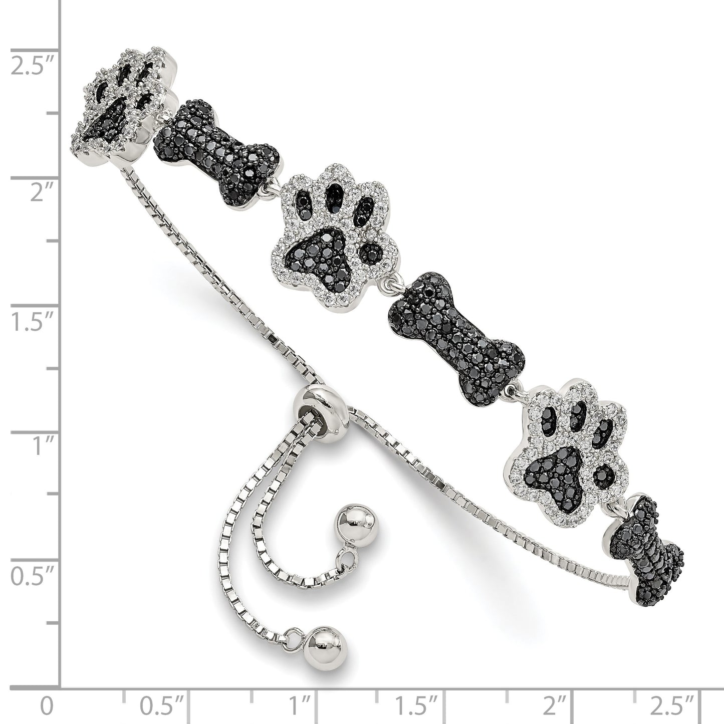 Sterling Silver Rhodium-plated CZ Paw Print & Dog Bone Adj Bracelet