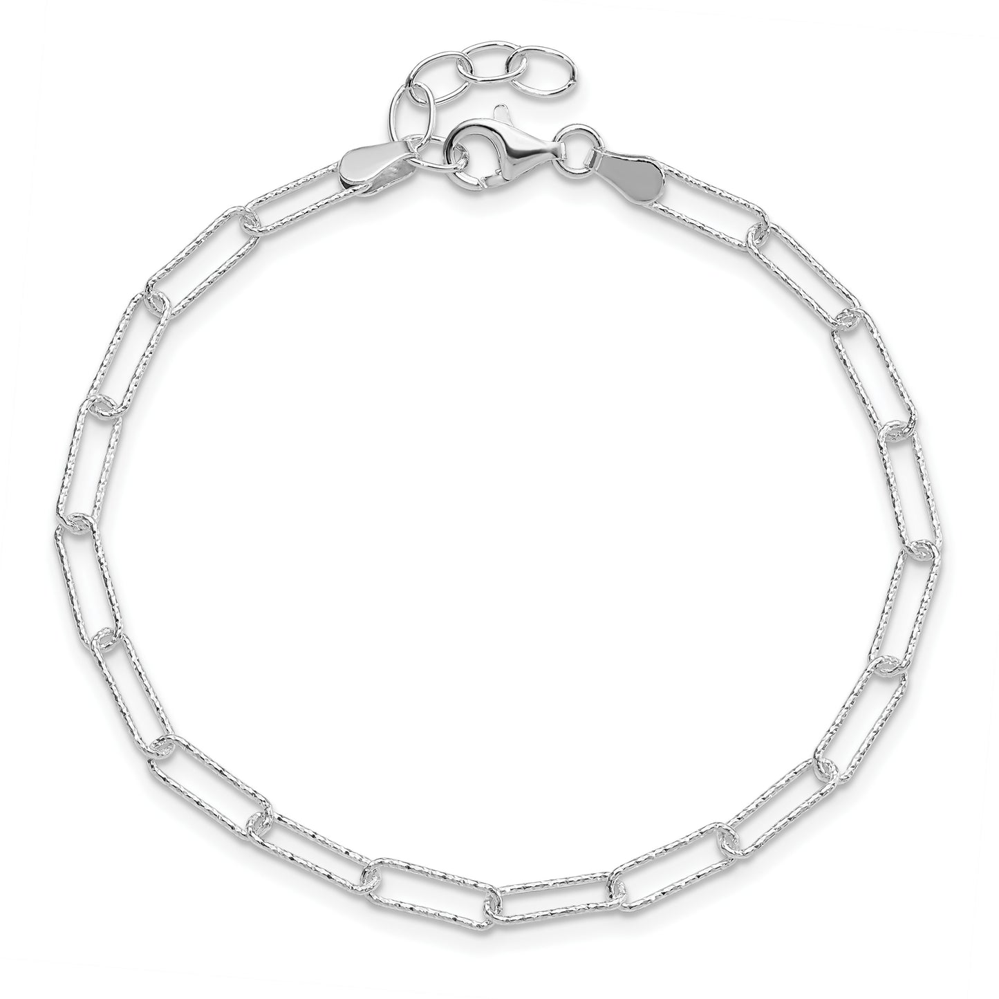 Sterling Silver Rhodium-plated D/C Fancy Link w/.75 in Ext Bracelet