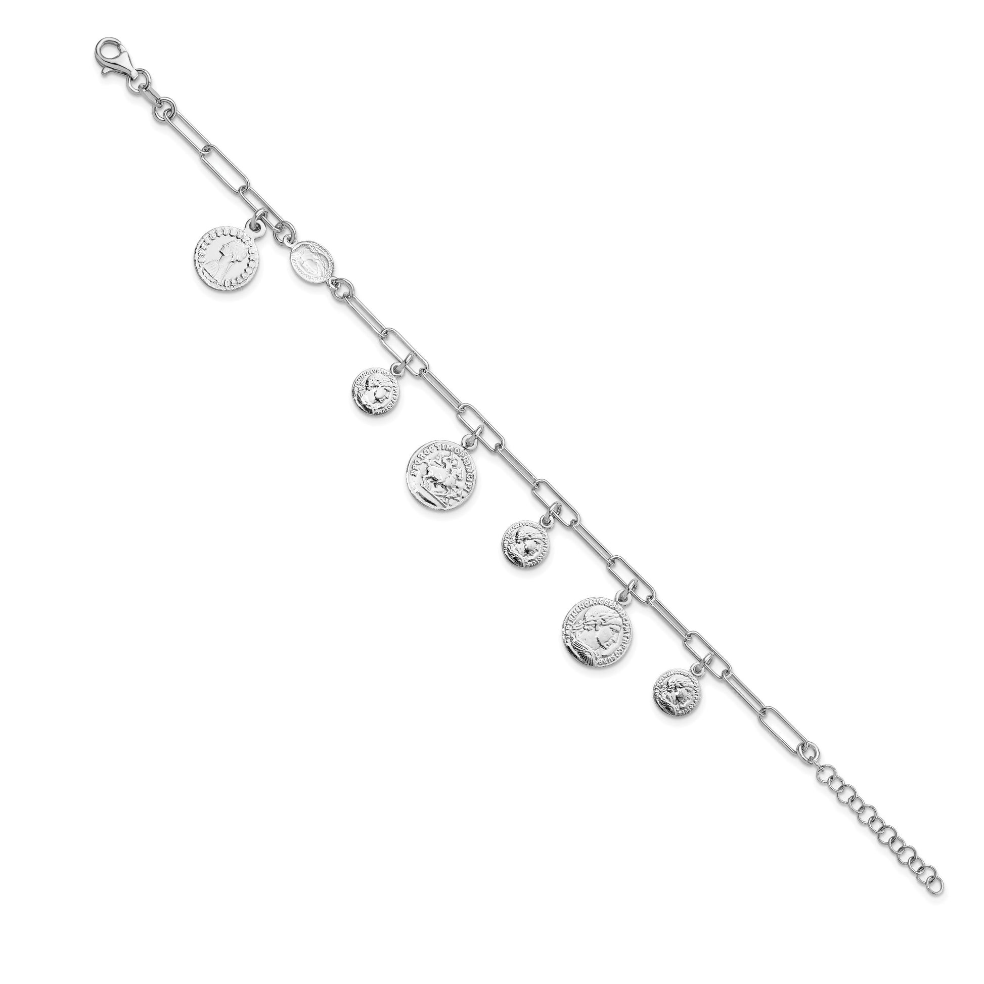Sterling Silver Rhodium-plated Polished Coin Charm w/ 1in ext. Bracelet