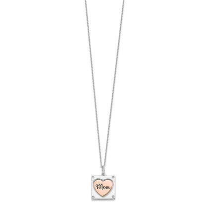 Sterling Silver RH-plated Rose-tone MOM/LOVE Heart Center Spins CZ w/2in ex