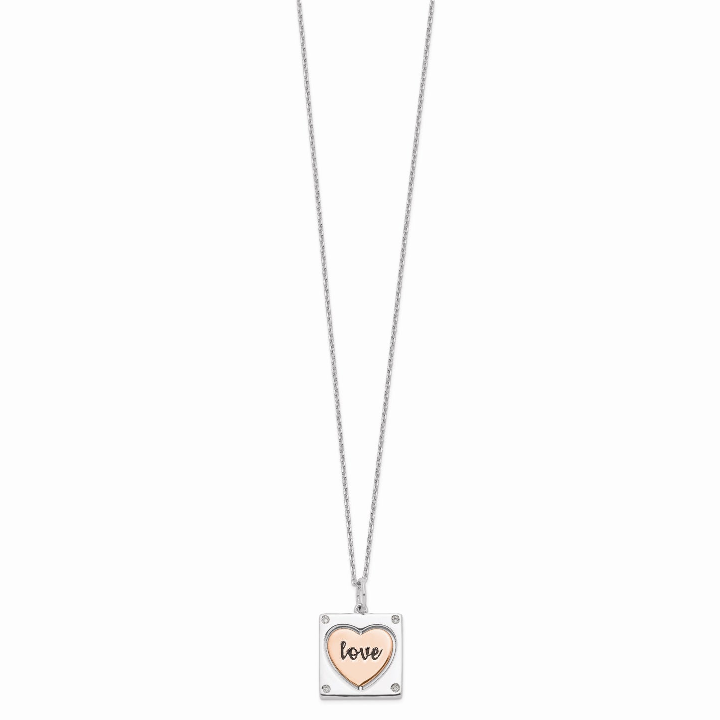 Sterling Silver RH-plated Rose-tone MOM/LOVE Heart Center Spins CZ w/2in ex