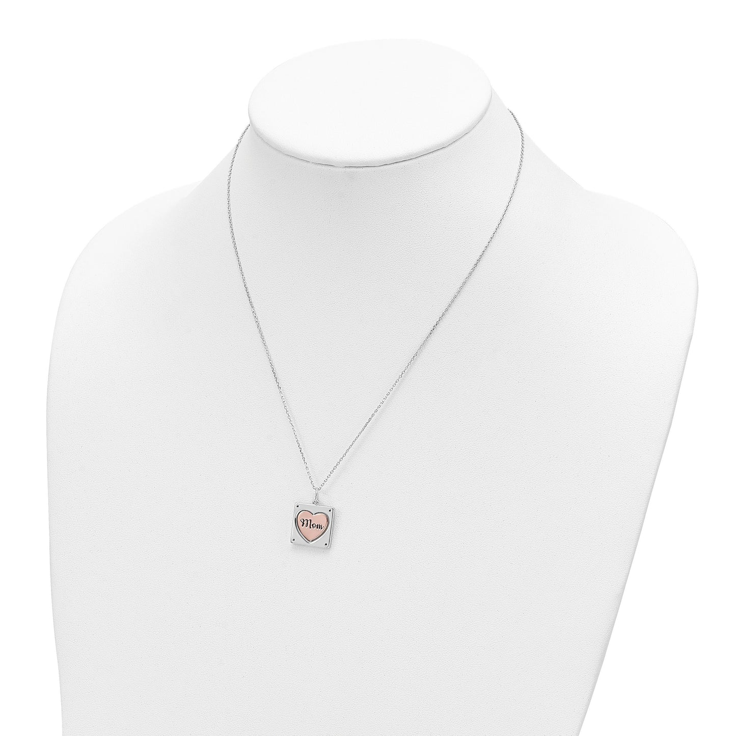 Sterling Silver RH-plated Rose-tone MOM/LOVE Heart Center Spins CZ w/2in ex