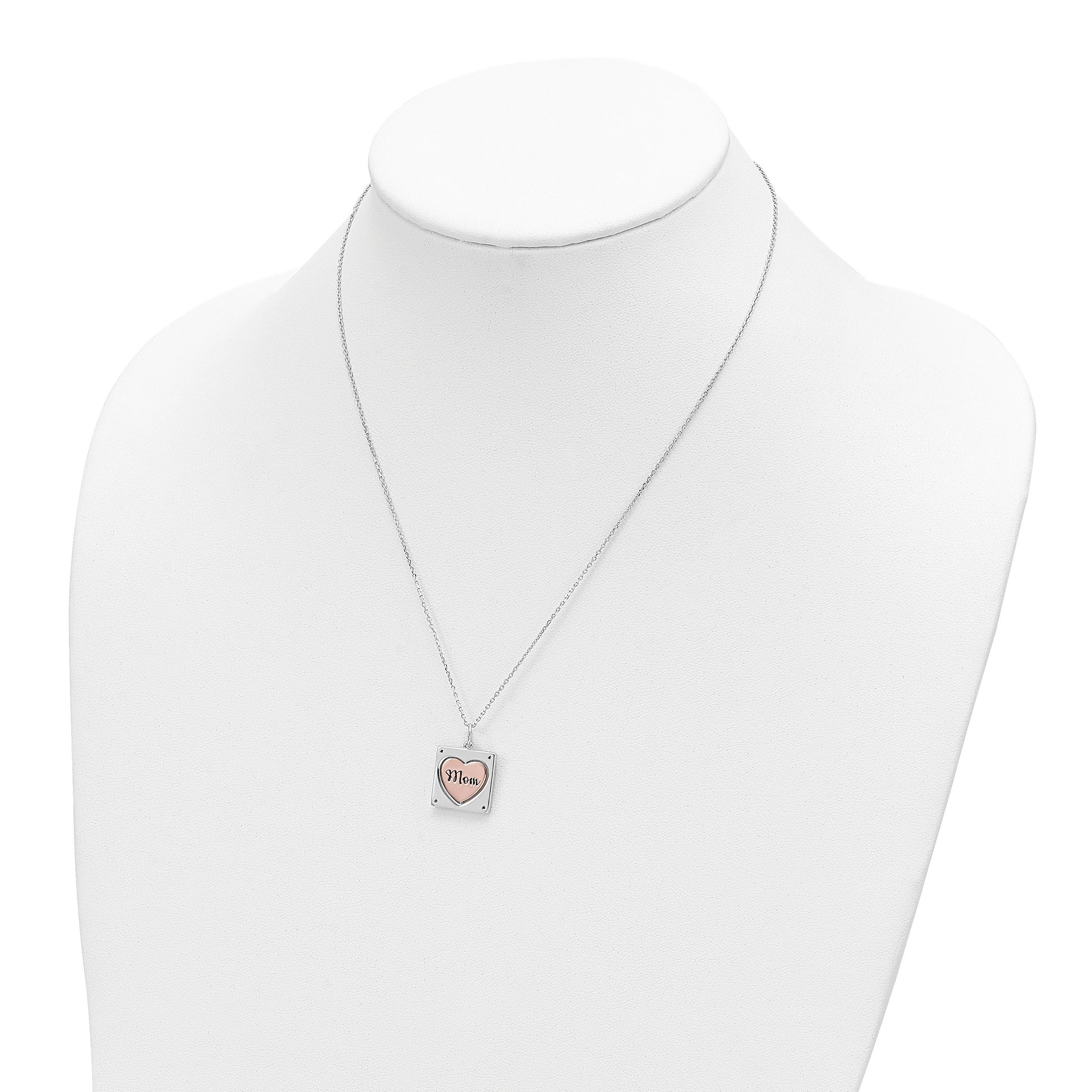 Sterling Silver RH-plated Rose-tone MOM/LOVE Heart Center Spins CZ w/2in ex