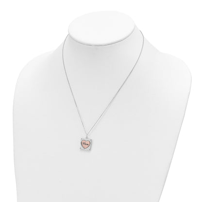 Sterling Silver RH-plated Rose-tone MOM/LOVE Heart Center Spins CZ w/2in ex