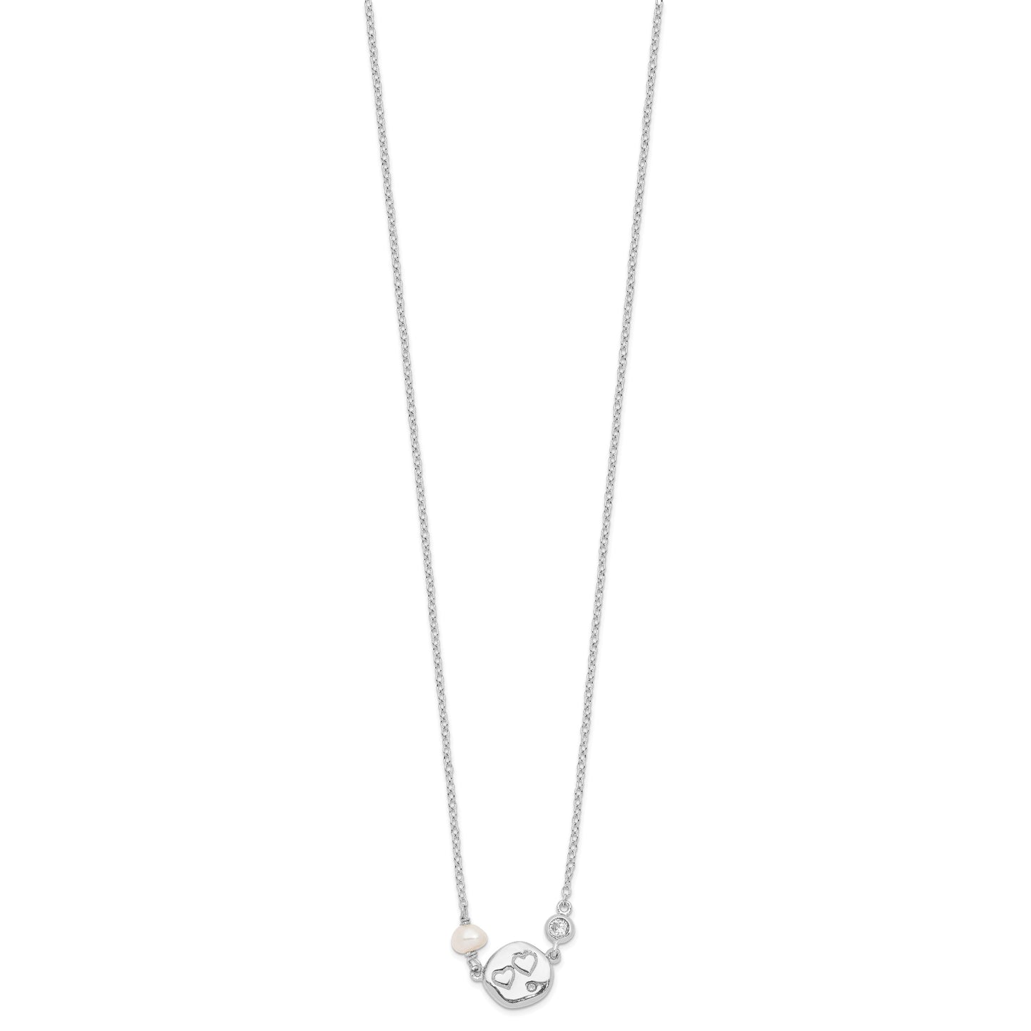 Sterling Silver Rhodium-plated CZ FW Cultured Pearl w/Hearts Necklace